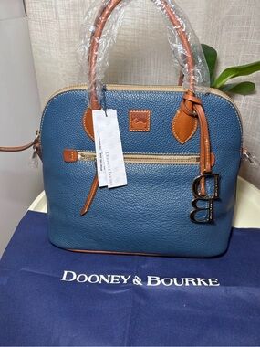 Dooney & Bourke Blue Pebble Leather Satchel with Tan Trim